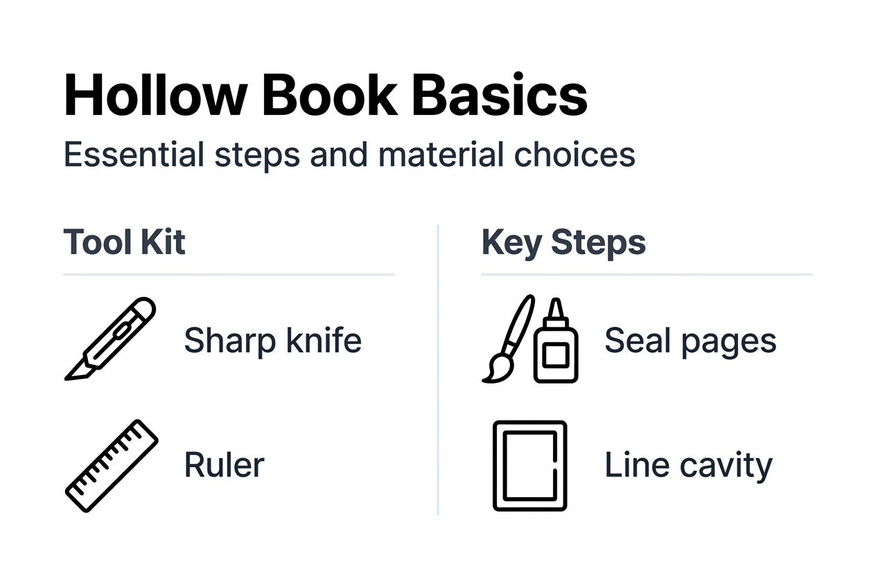Infographic of hollow book crafting steps and tools