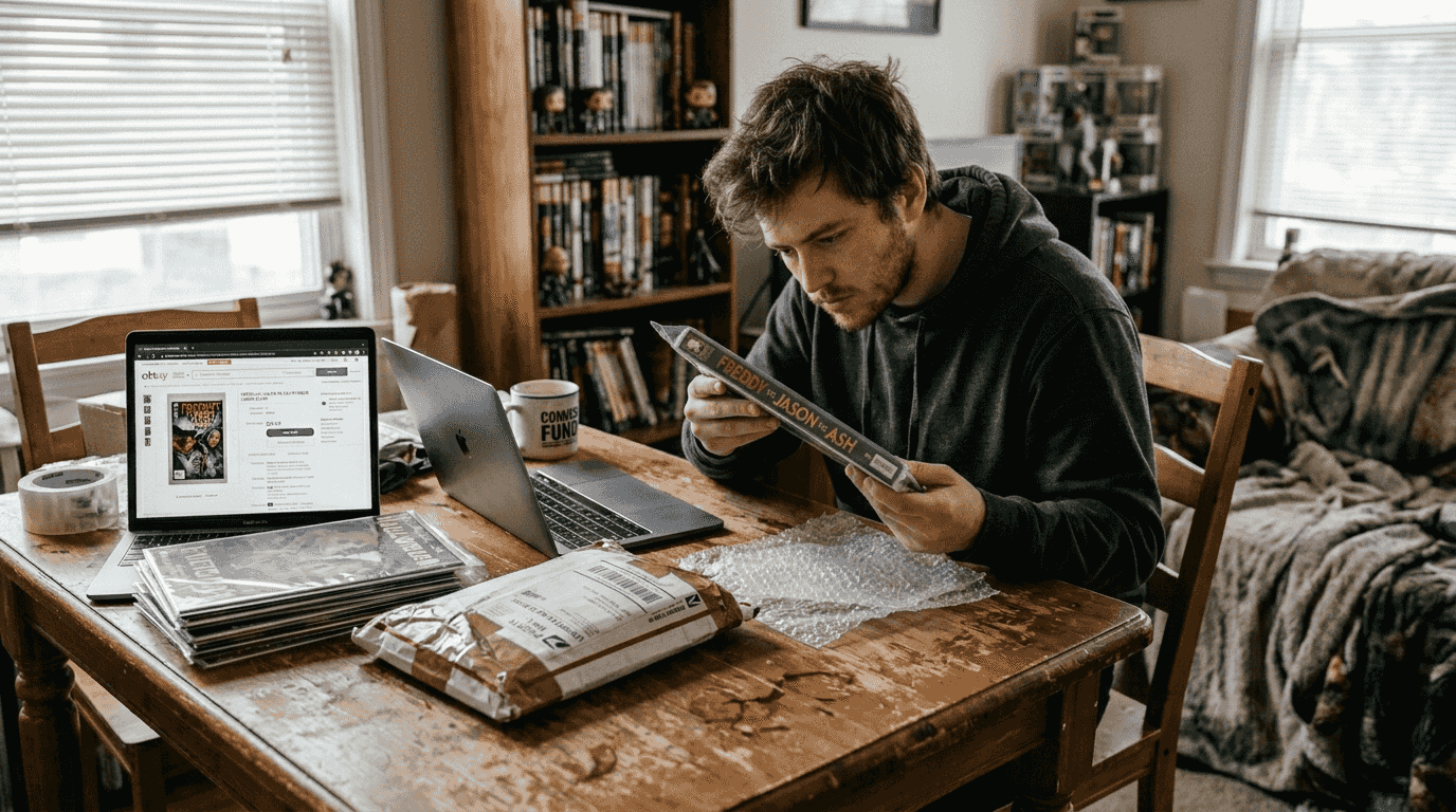Man inspecting horror graphic novels for collection