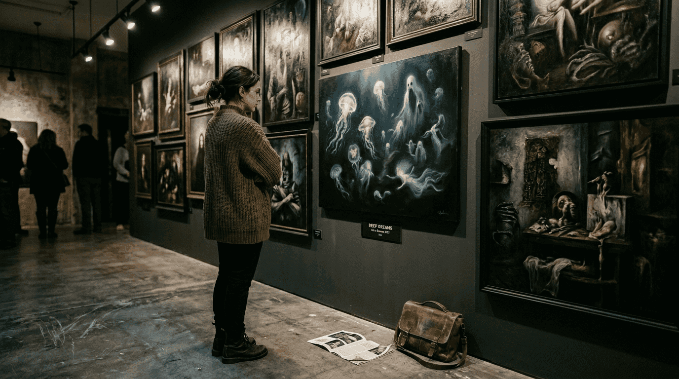 Woman viewing symbolic dark surrealist painting