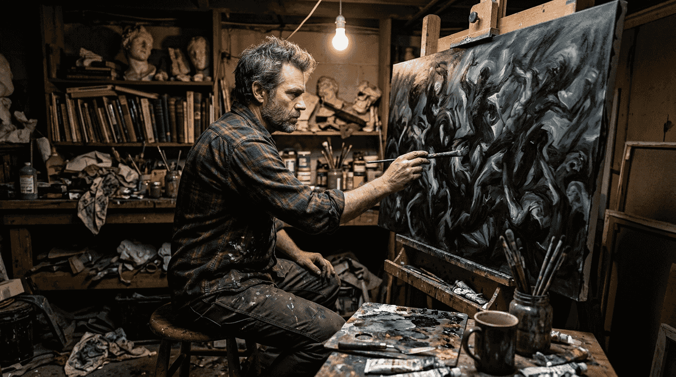 Artist painting dark emotional canvas
