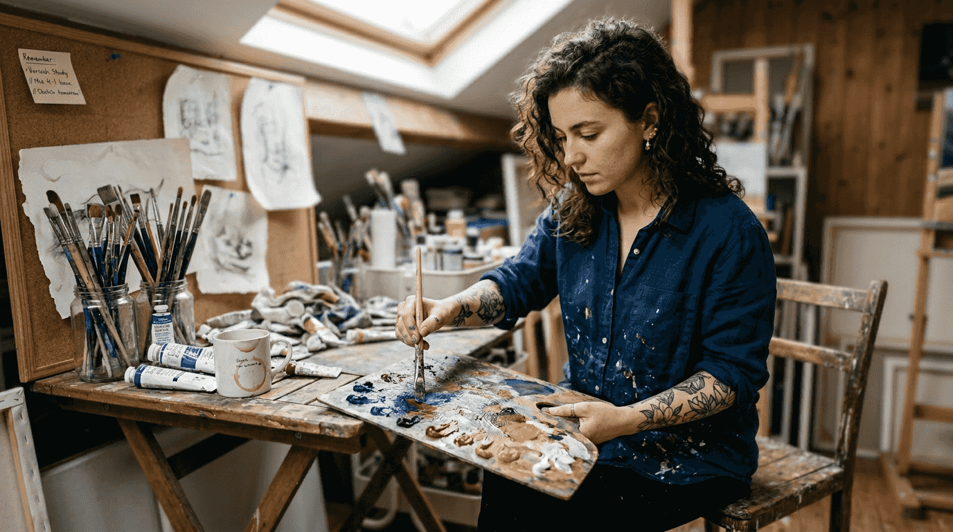 Artist mixing paints on cluttered attic table