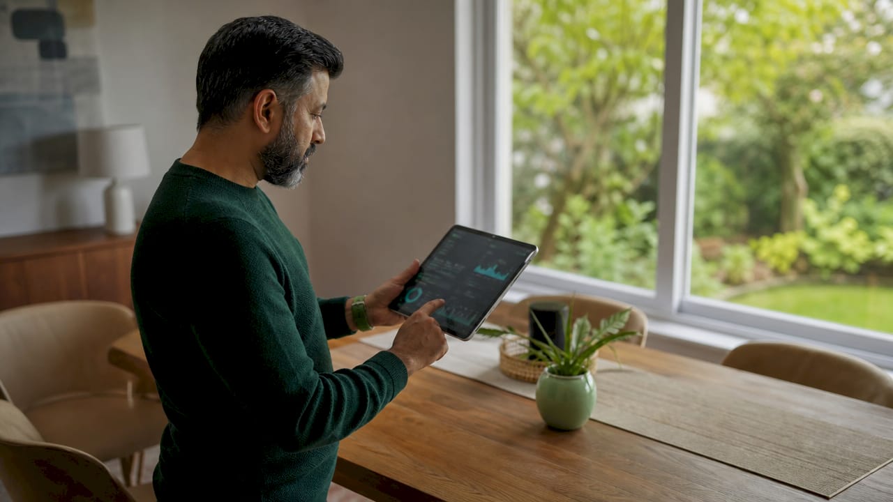 Hands interacting with reputation dashboard tablet