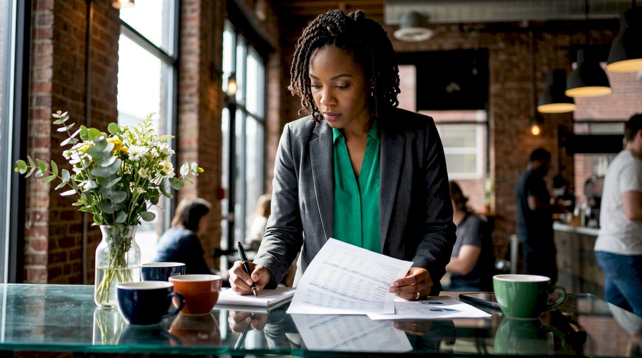 Business analyst reviewing reputational harm reports