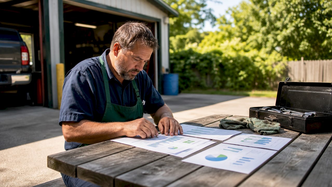 Auto shop owner reviewing reputation audit reports