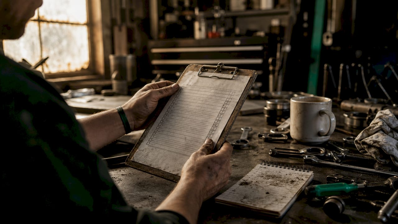 Technician’s hands checking reputation audit checklist