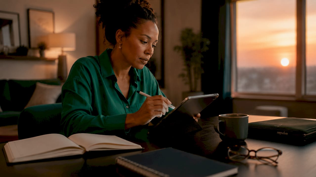 Woman reviewing online feedback on tablet