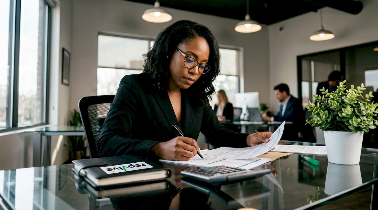 CPA reviewing financial statements at desk