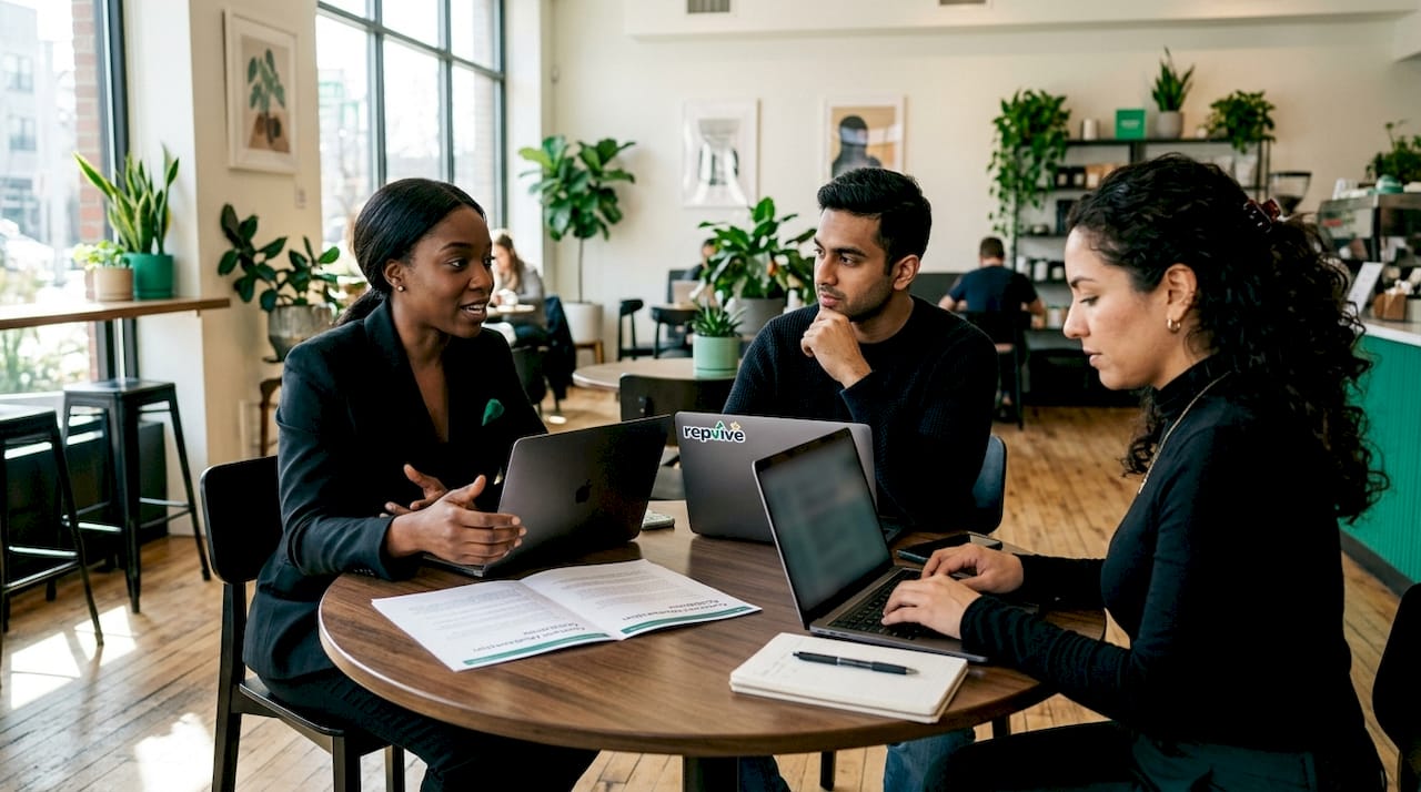 Team discussing review platform policies