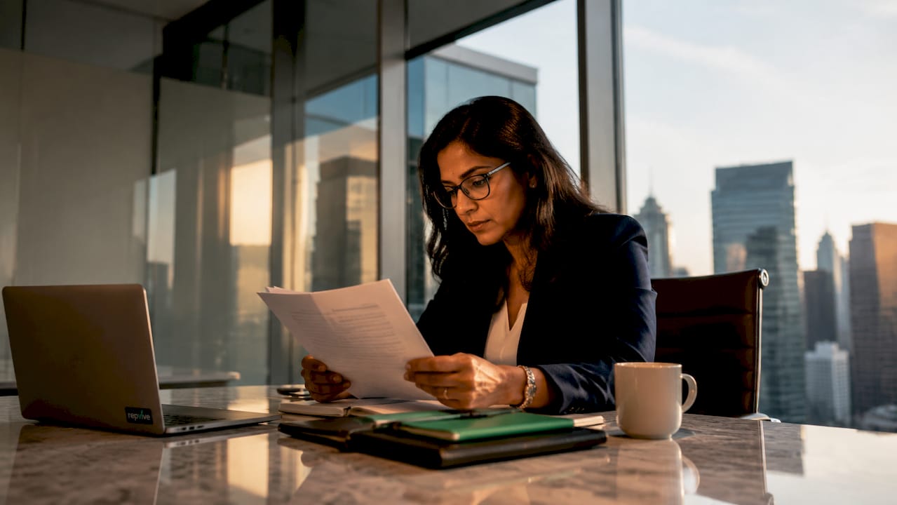 Lawyer reading ethical guidelines at desk