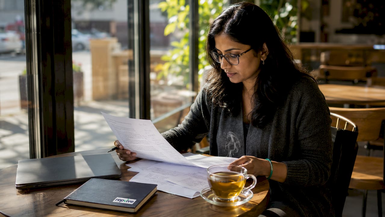 Woman reviewing printed policy documents