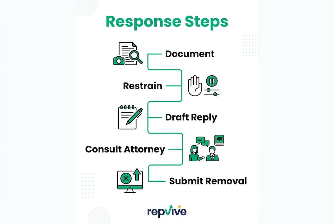 Infographic outlining steps to respond to defamatory reviews
