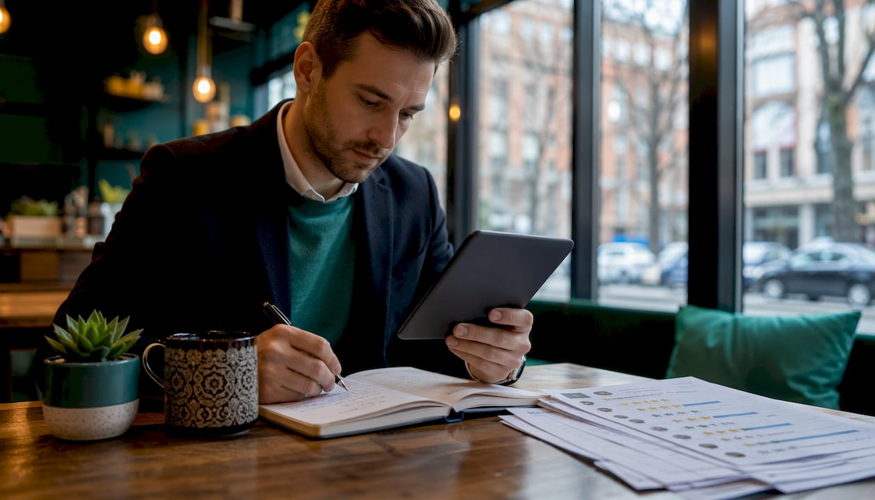 Restaurant manager reviewing online reviews