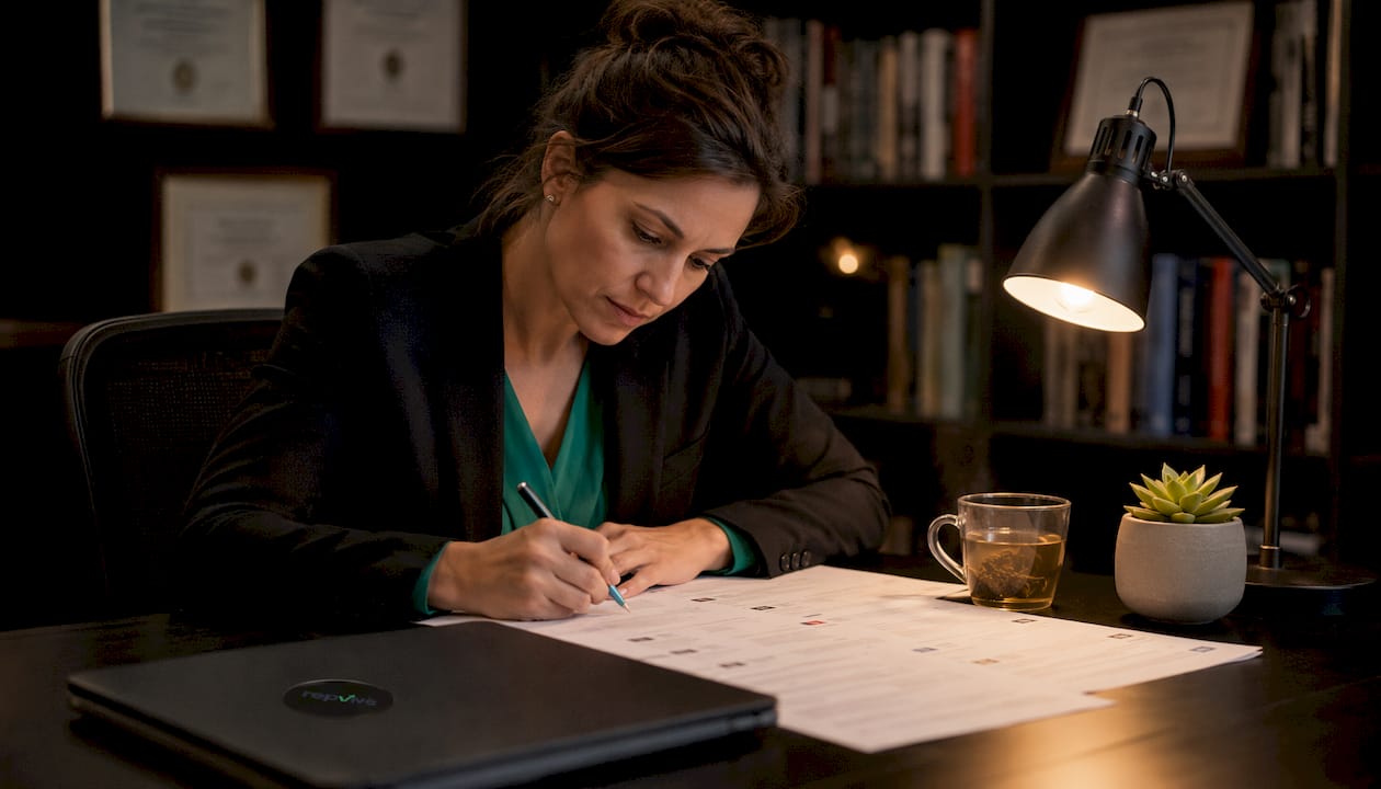 Woman reviewing printed online reviews at desk
