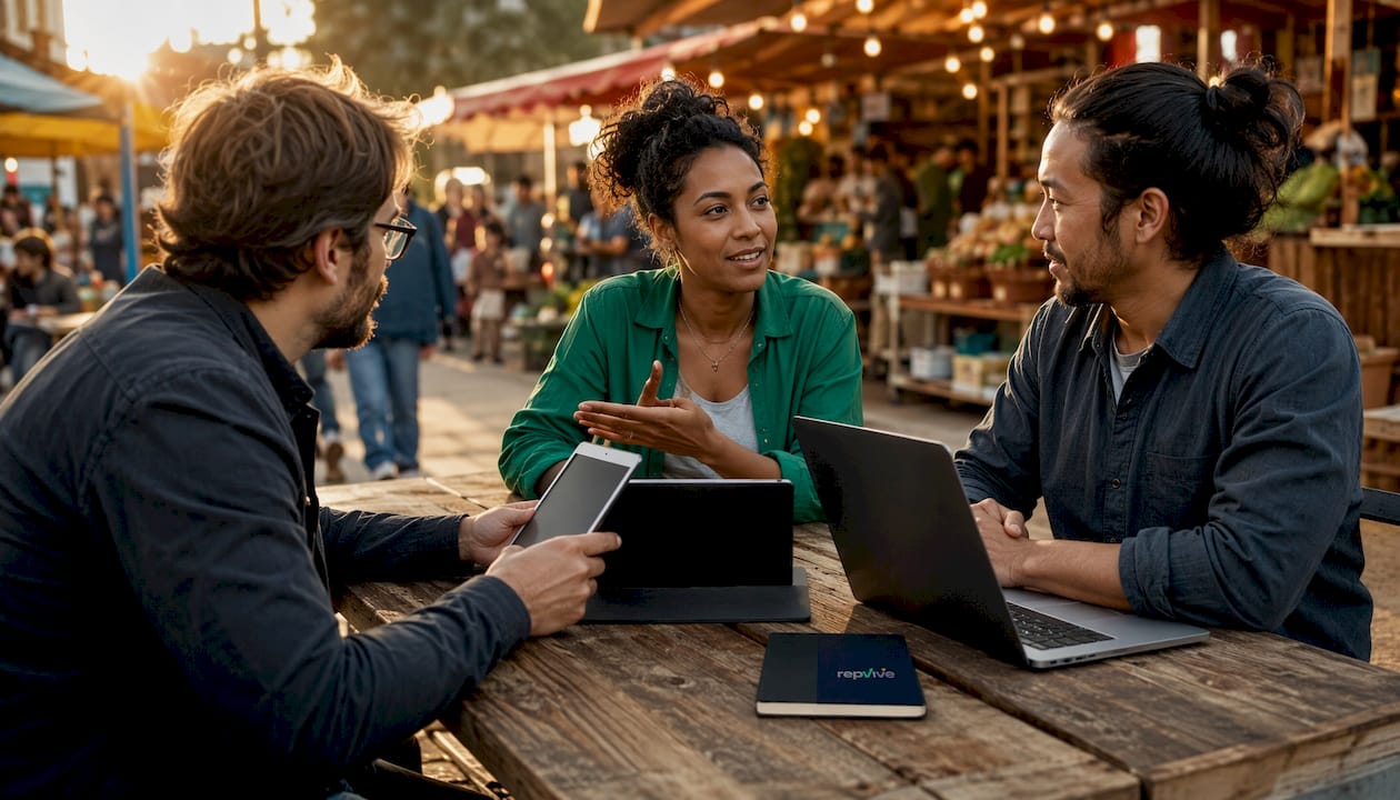 Group discussing review removal tools at café