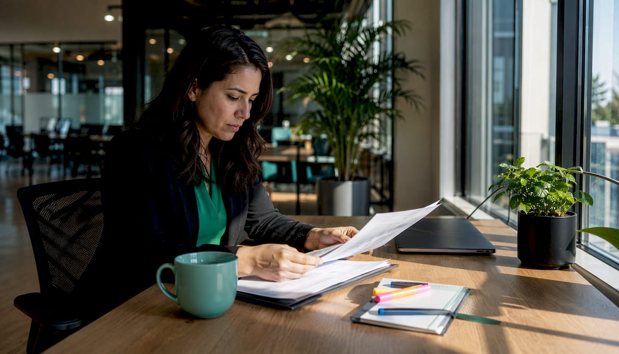 Woman reviewing printed review removal policies