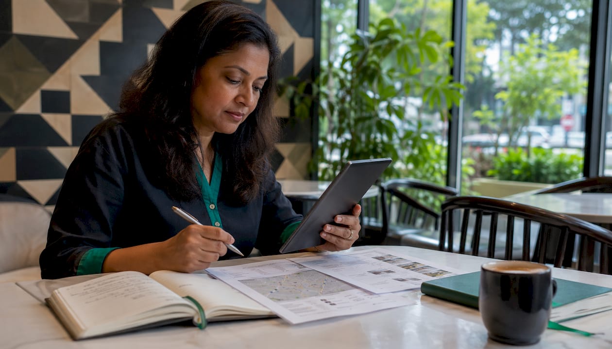 Woman reviewing printed and digital reviews