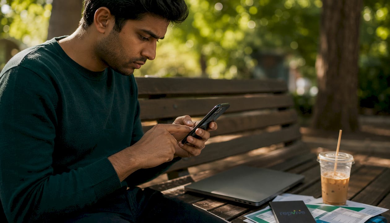 Man reporting fake review on smartphone at café