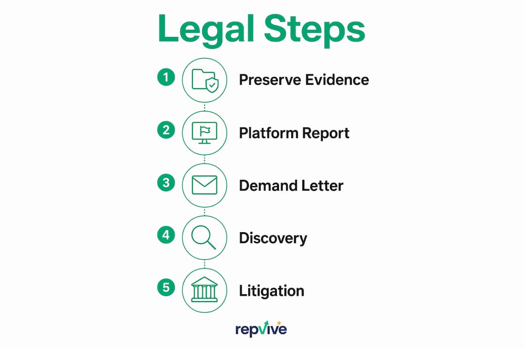 Infographic showing legal steps for fake review cases