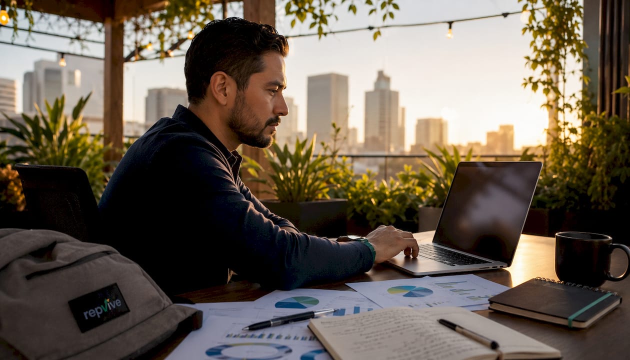 Man working on review funnel tools at desk
