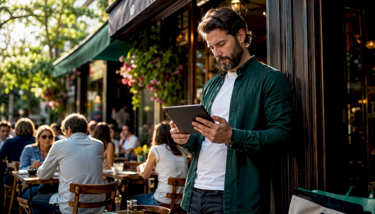 Restaurant manager reviewing reservations on tablet