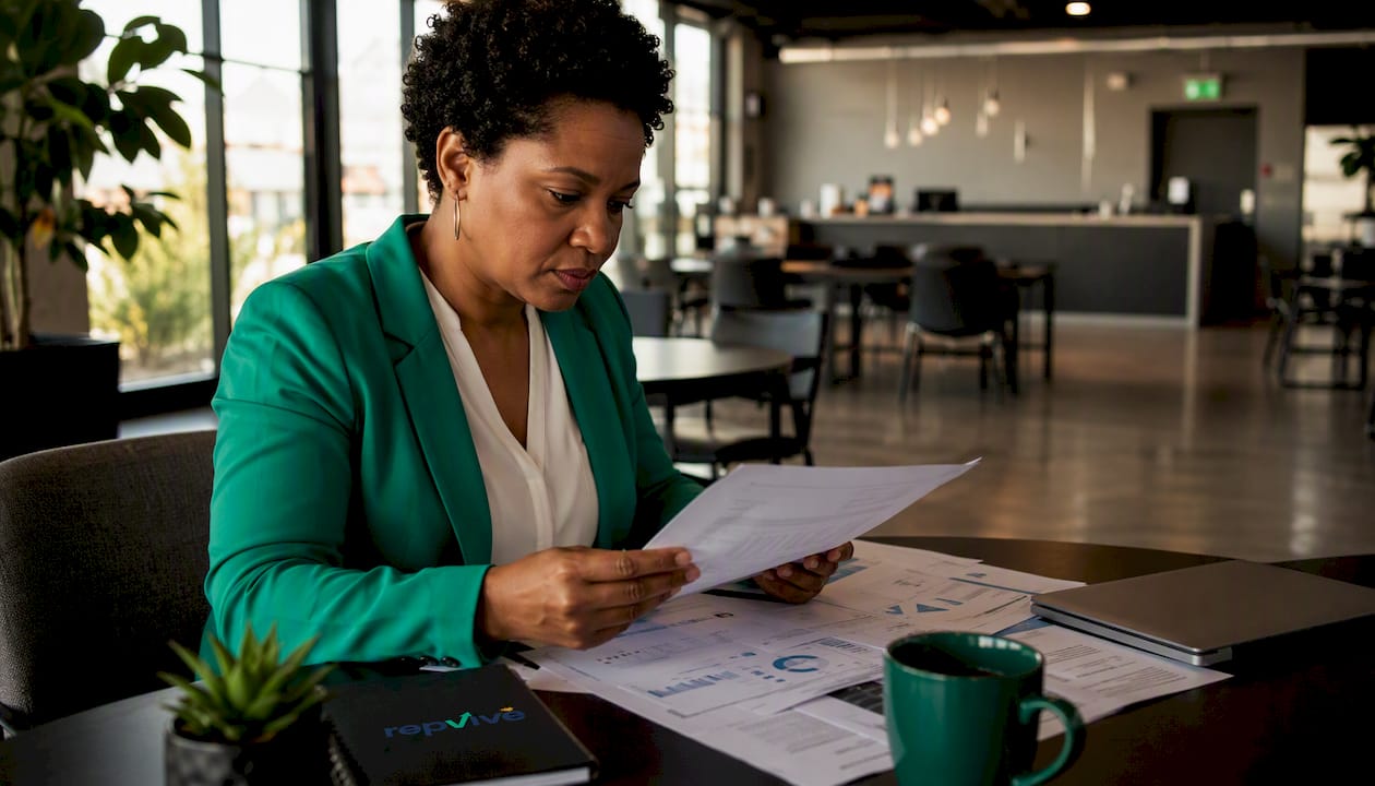 Businesswoman reviewing reviews at desk