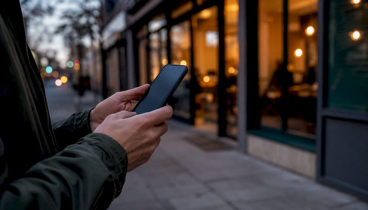 Hands holding smartphone monitoring reviews