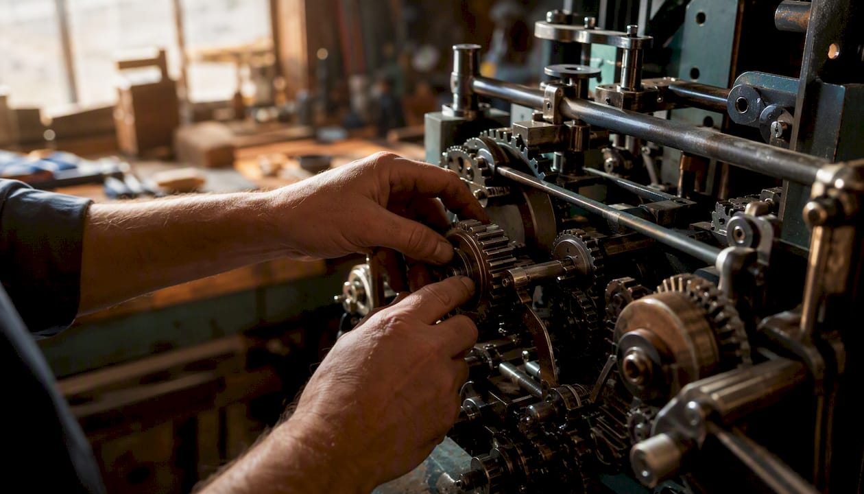 Hands adjusting machine gears in close-up