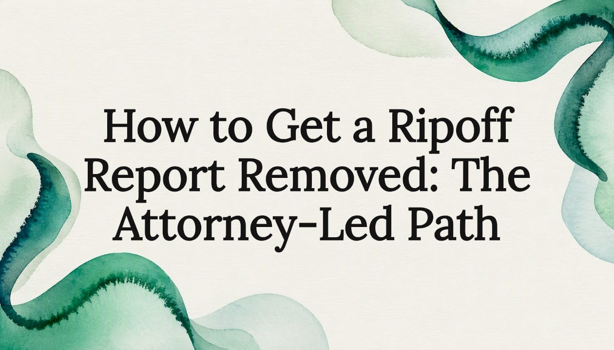 Decorative title card illustration for attorney-led ripoff report removal article