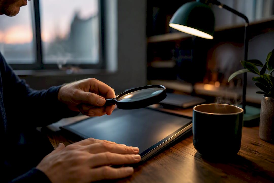 Hands examining smartphone for suspicious reviews