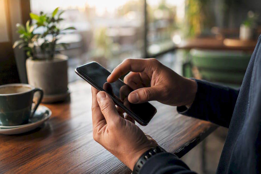 Hands organizing digital evidence on smartphone
