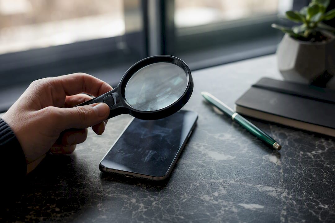 Hand examining smartphone with magnifier