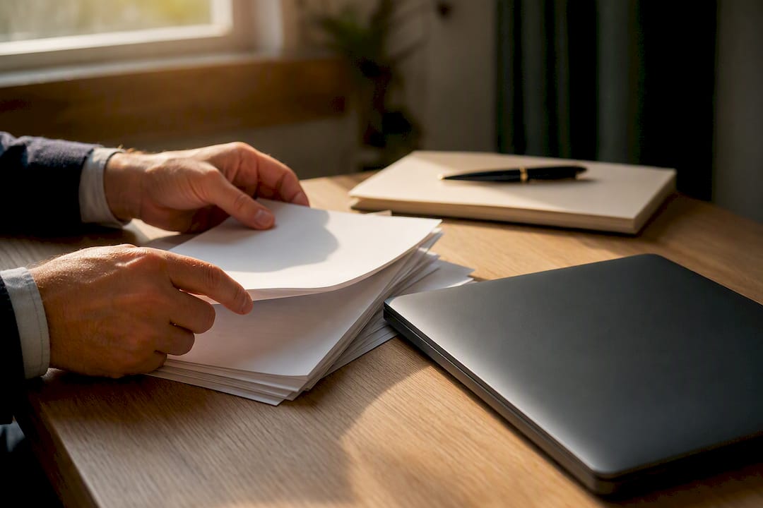 Hands arranging documents and laptop silhouette