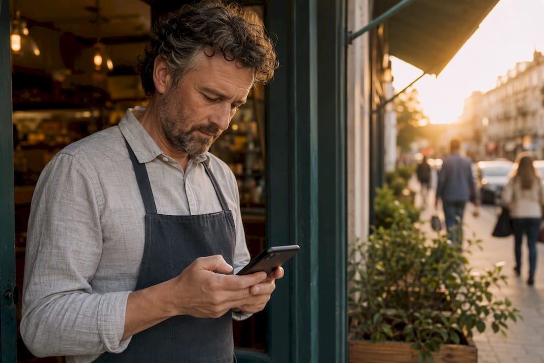 Hands holding smartphone with online reviews