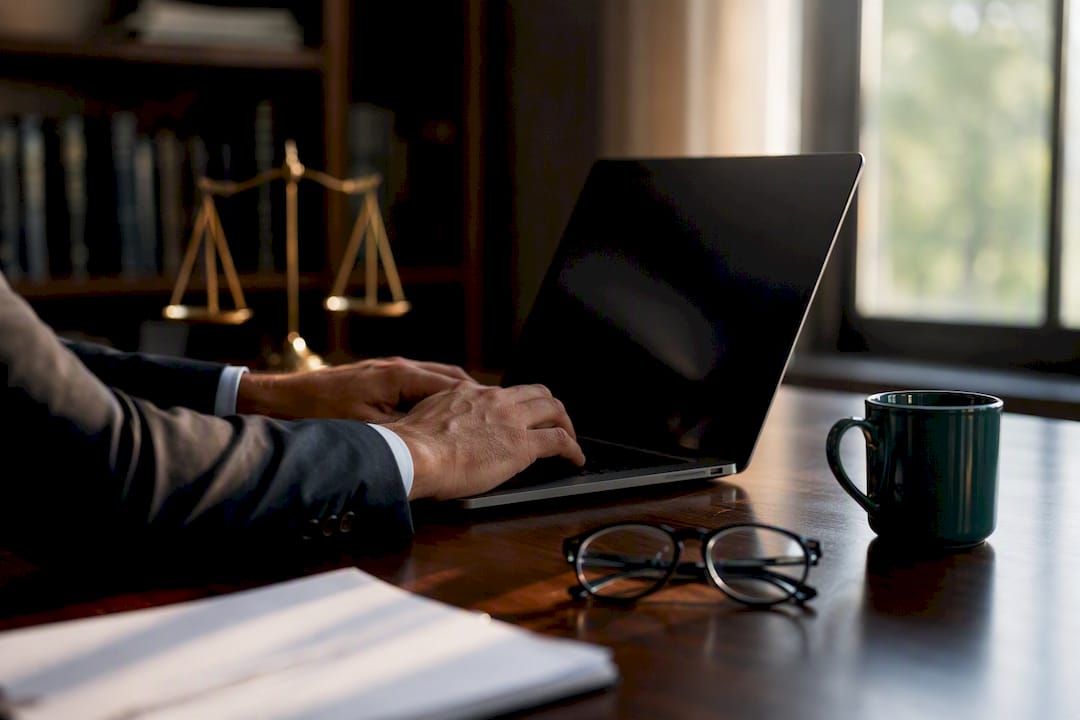 Hands typing near laptop and legal scales