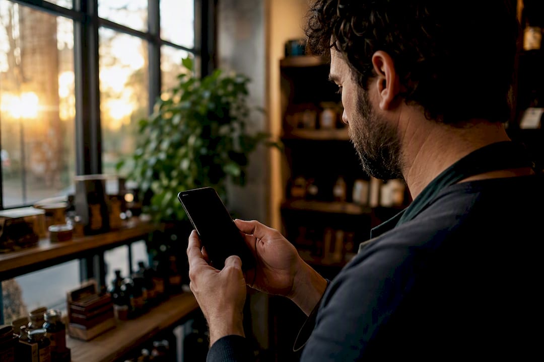 Business owner holding smartphone inspecting reviewer profile