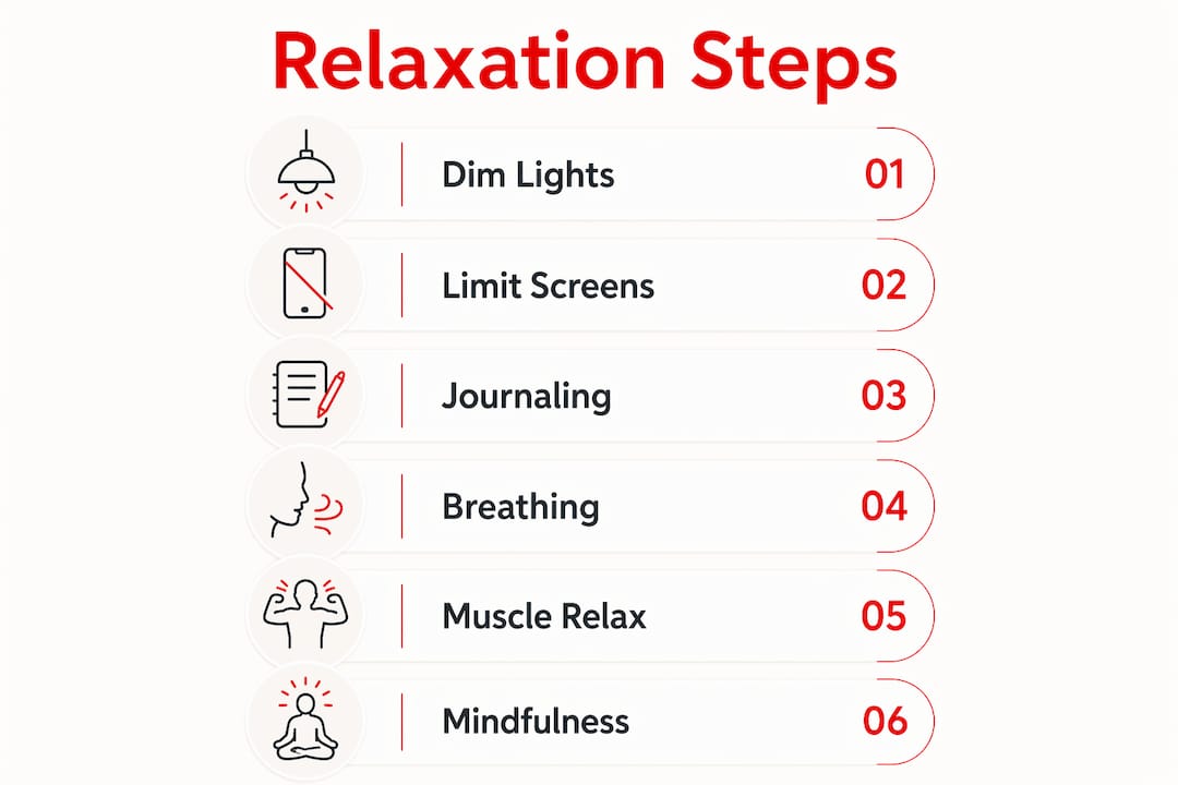 Infographic showing step-by-step relaxation routine for bedtime