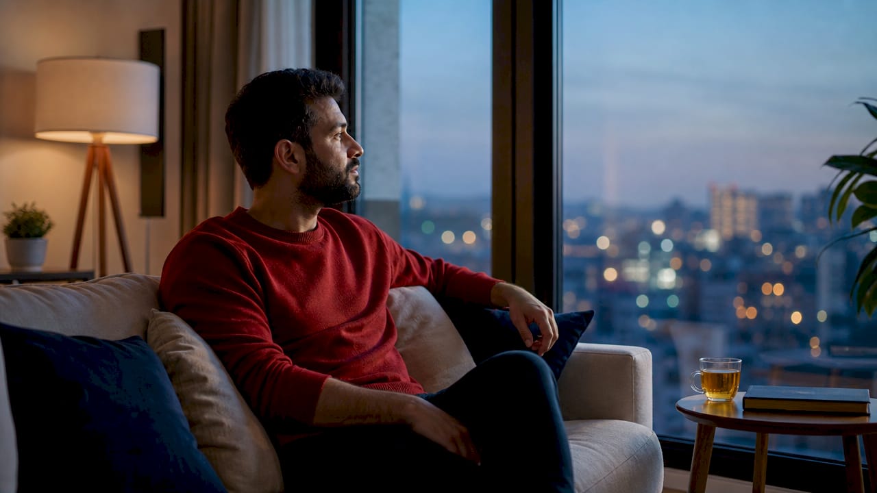 Man contemplating brain health and sleep at desk