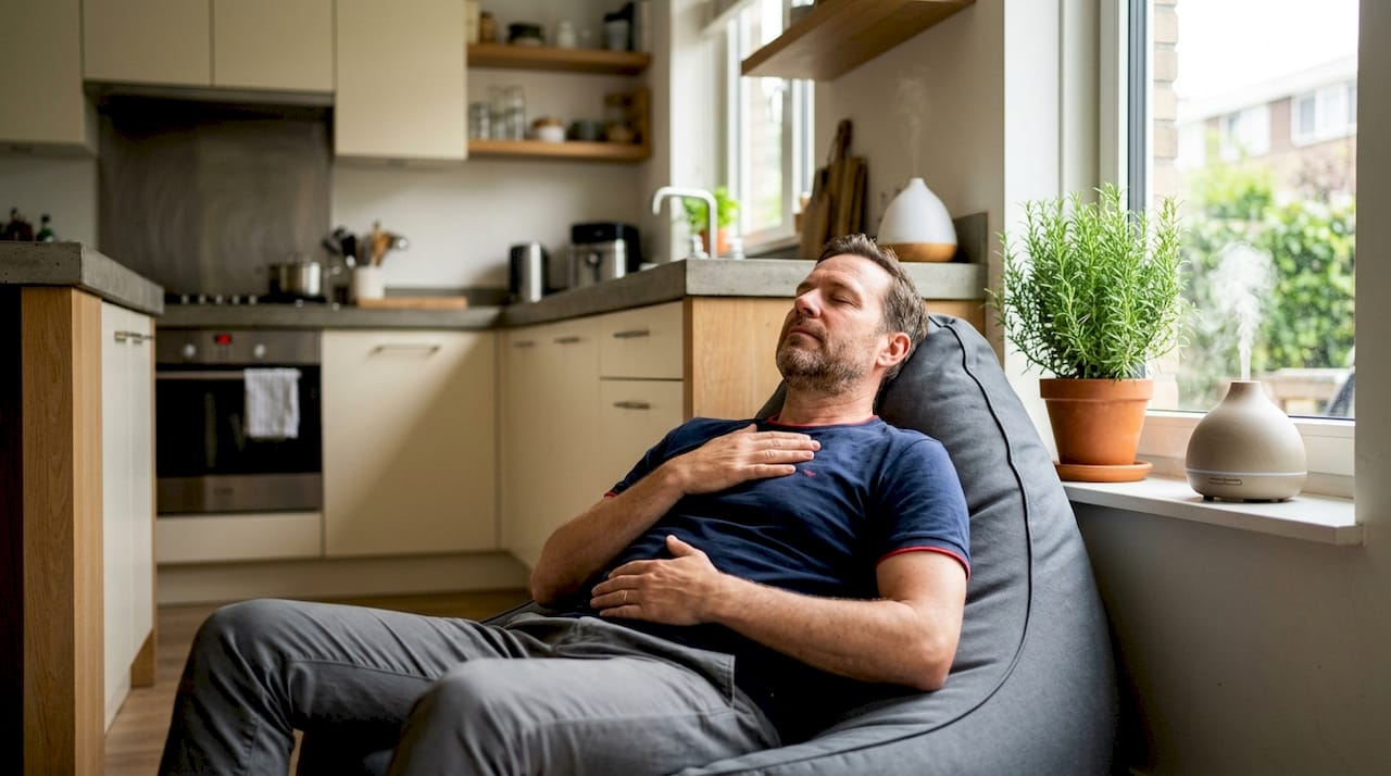 Man practicing deep breathing in calm room