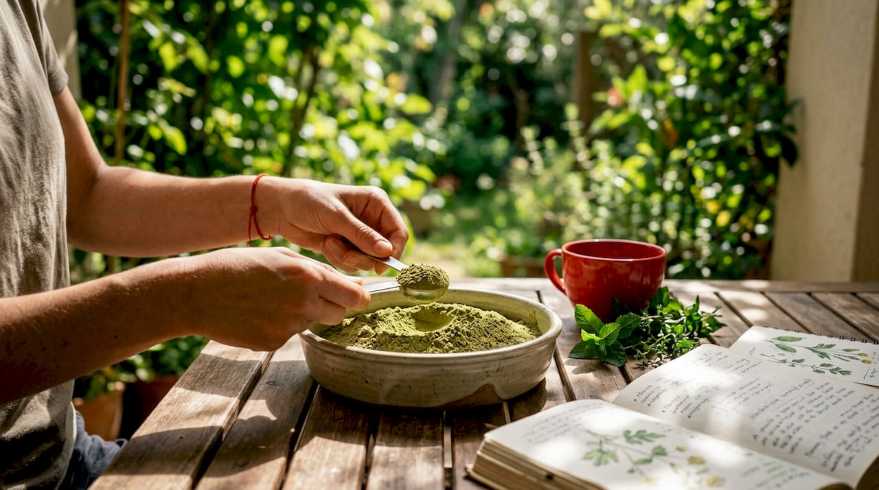 Hands holding ashwagandha powder in kitchen