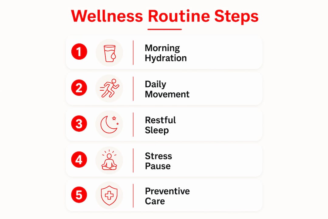 Infographic titled Wellness Routine Steps with five key pillars