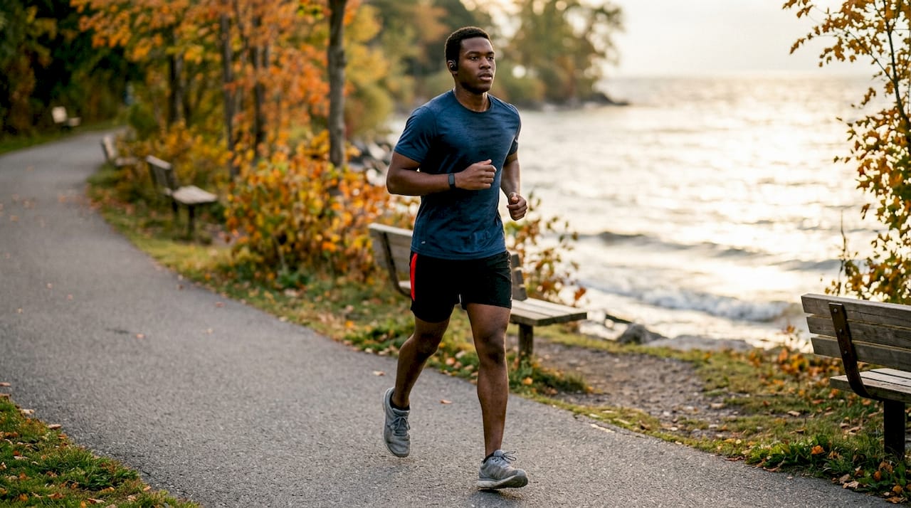 Man jogging on park trail for exercise