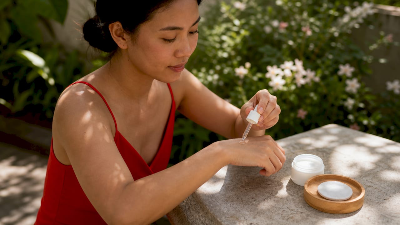 Hands applying clear peptide serum on skin