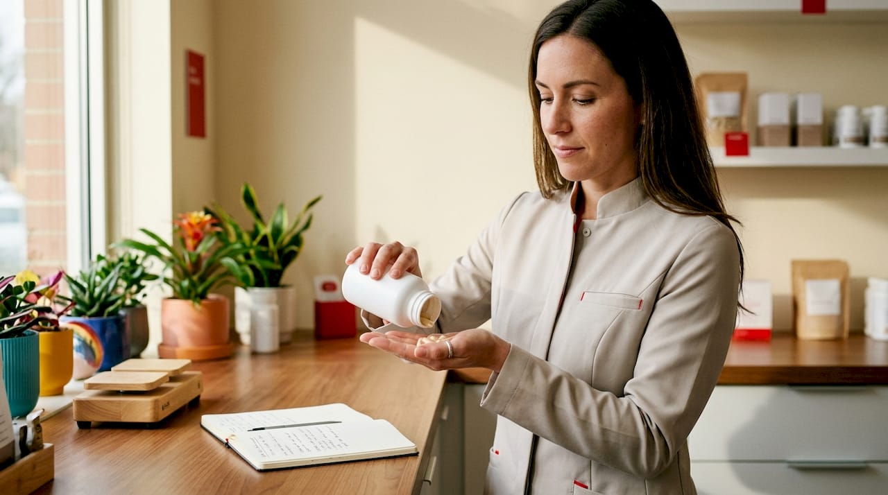 Pharmacist handling collagen peptide supplement bottle