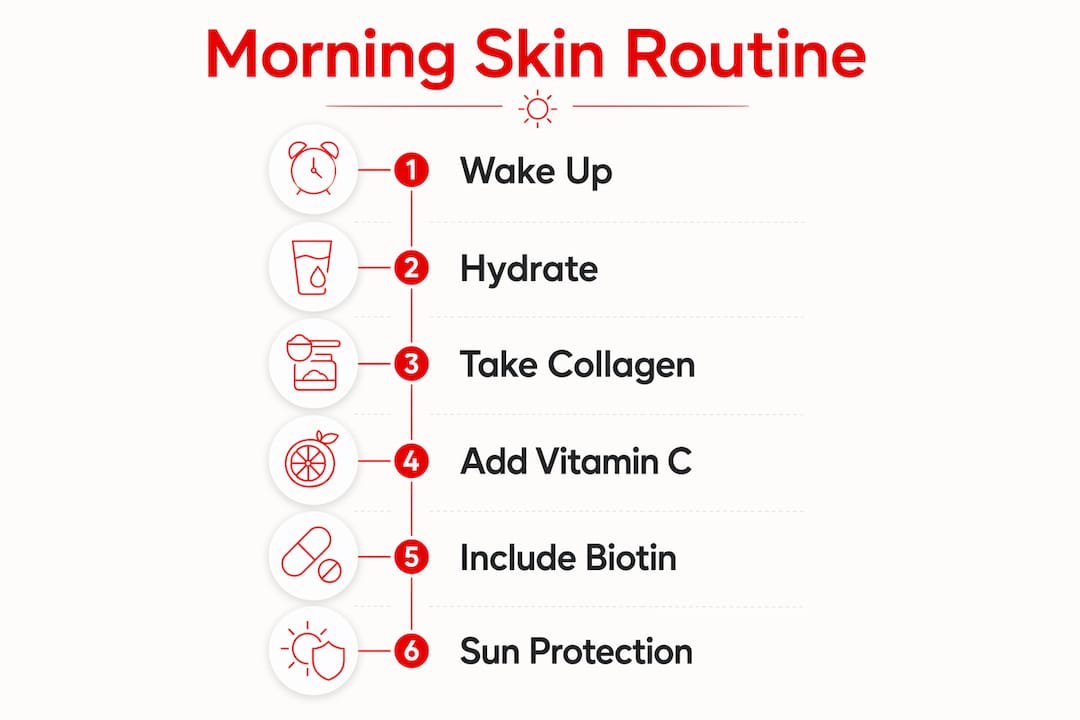 Infographic outlining morning skin supplement routine steps