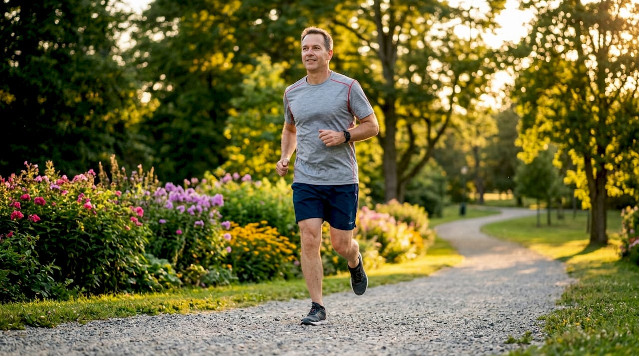 Man jogging outdoors in morning light