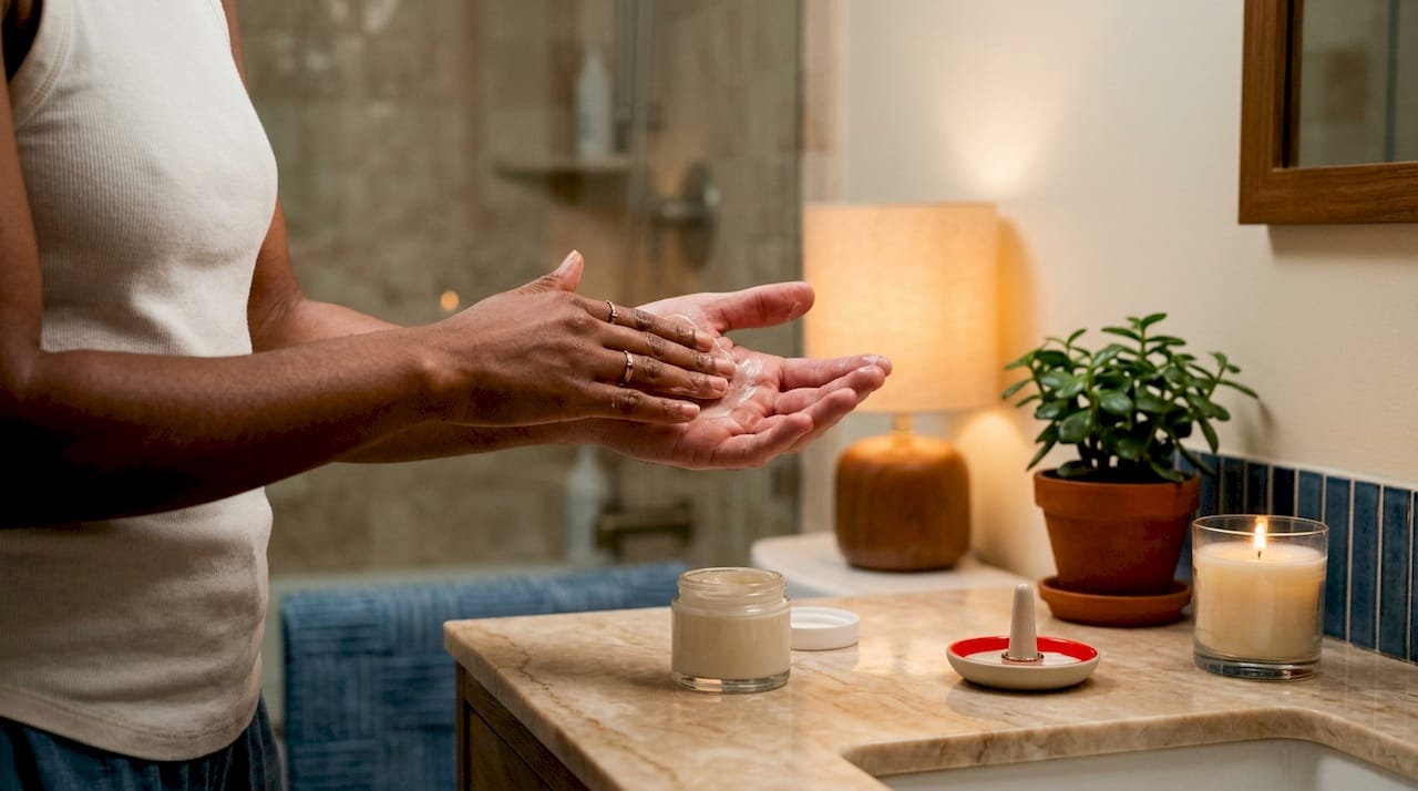 Hands applying nighttime skincare cream