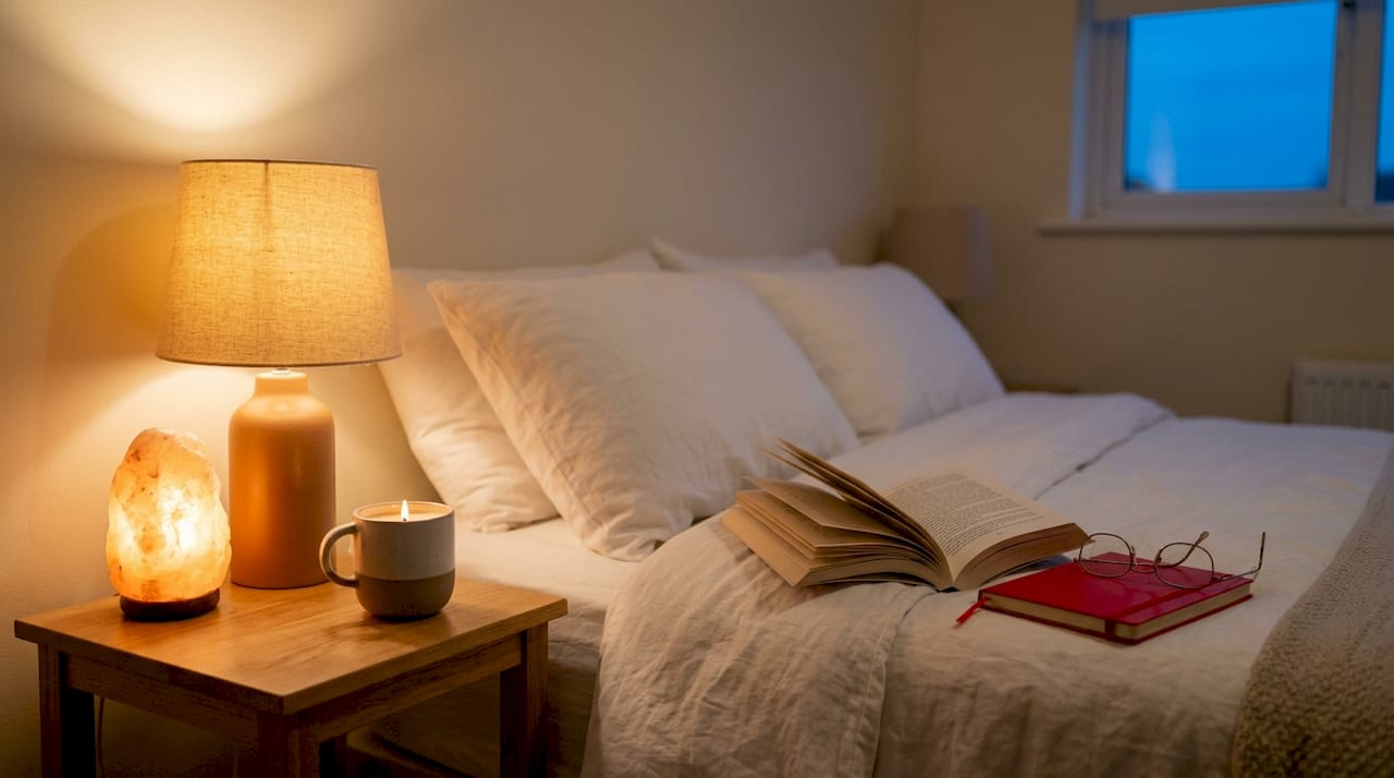 Bedroom with dim warm lights and calming atmosphere