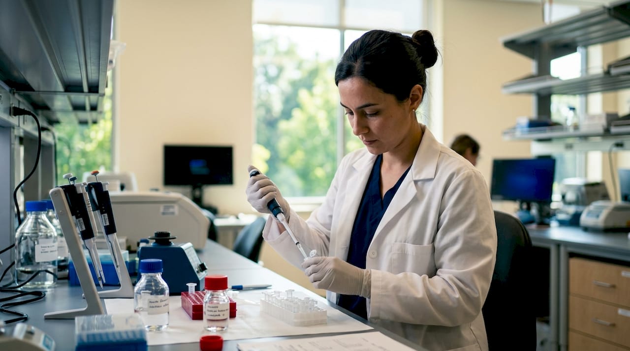 Hands pipetting stabilized peptide in lab