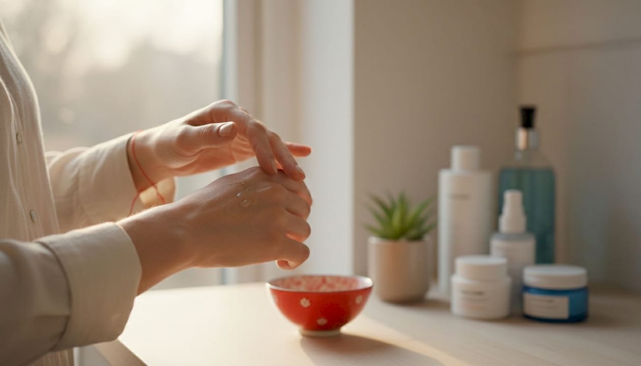 Hands applying amino acid serum for skin hydration