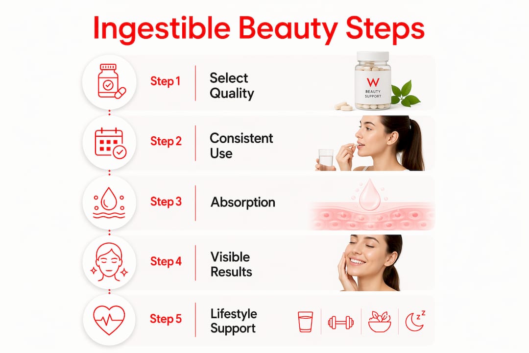 Infographic outlining steps for ingestible beauty supplements